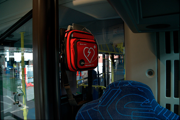 Reanibex 100 defibrillator installed in the cabin of an EMT Madrid bus